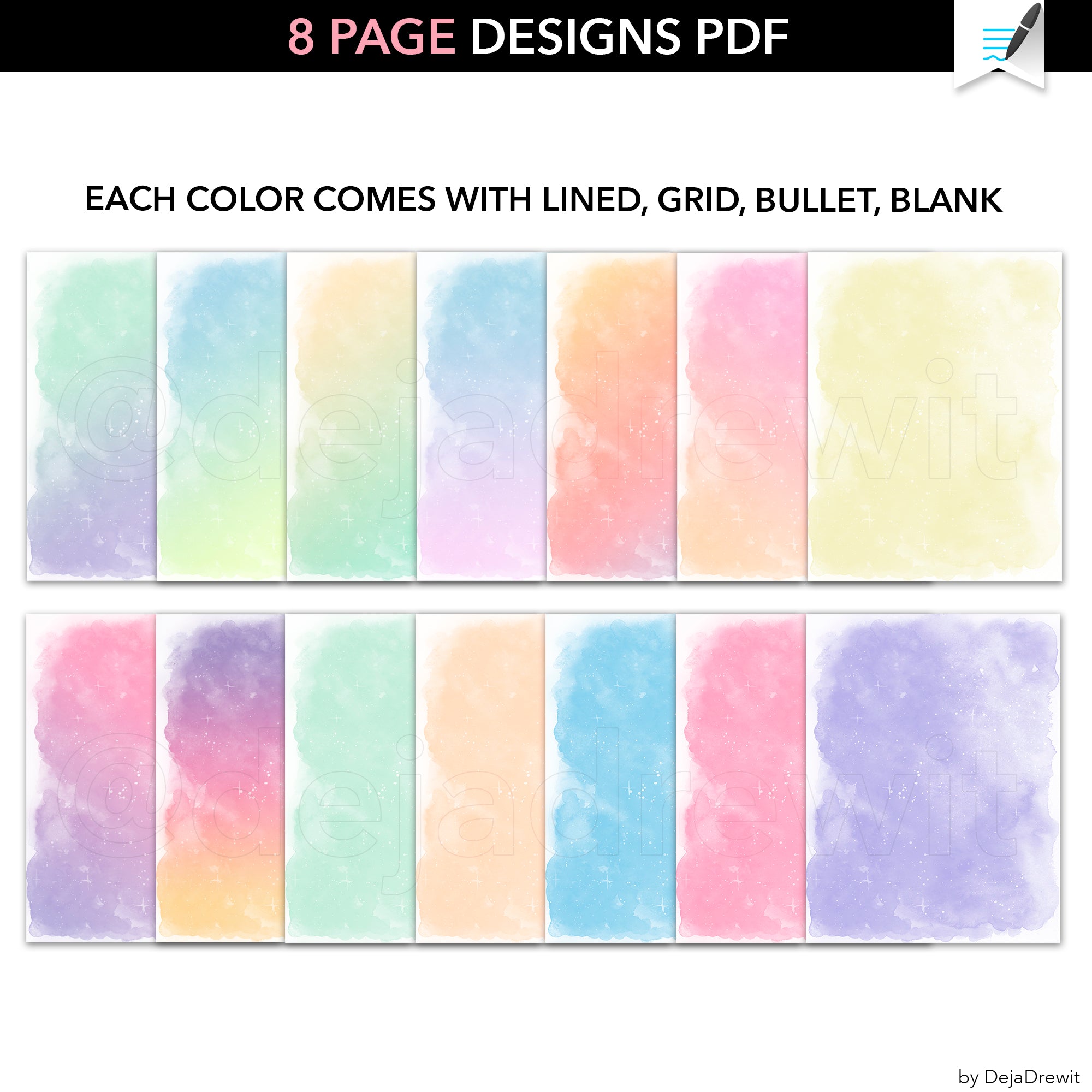 Watercolor Notes Digital PDF Notebook Template